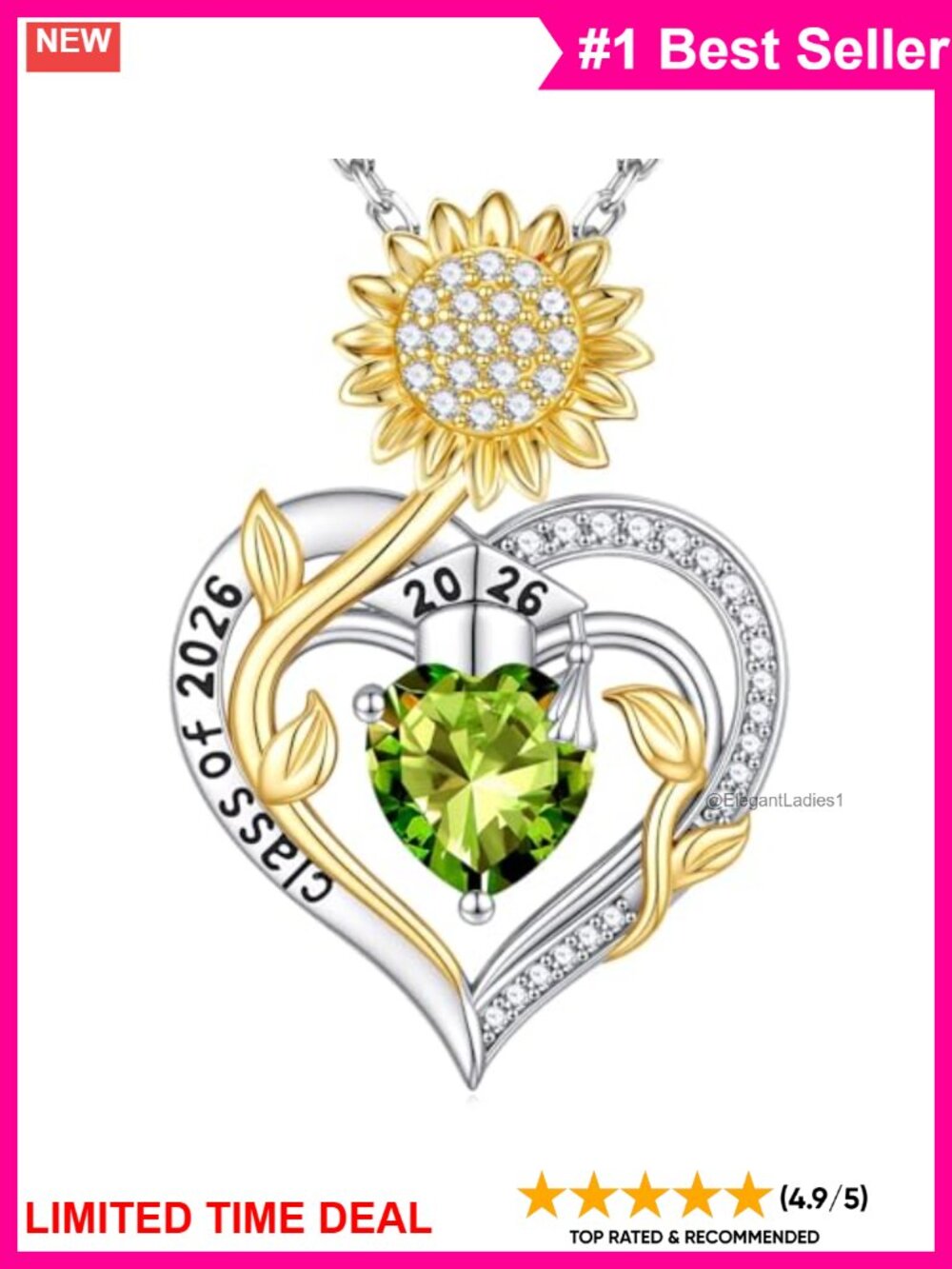925 Sterling Silver Sunflower Pendant Necklace with Birthstone Graduation Gift